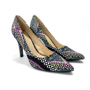 Nine West Abstract Print Fabric Gwendle 2 Stiletto Heels Black/Green/Purple Sz10